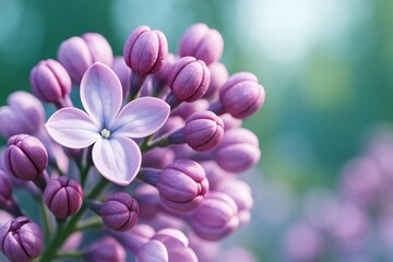 Poster - Close-up of blooming lilac flower and buds with soft pastel light on a blurred green and blue background. Beautiful floral concept artwork.