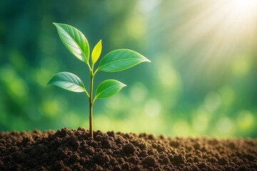 Poster - Young green plant sprouting in fertile soil with sunlight on blurred natural background, symbolizing new beginning and growth concept.