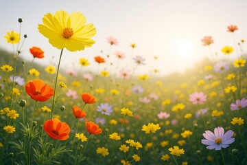 Poster - Colorful wildflowers blooming in a sunlit meadow with soft light and blurred background in warm morning atmosphere. Ai generative.