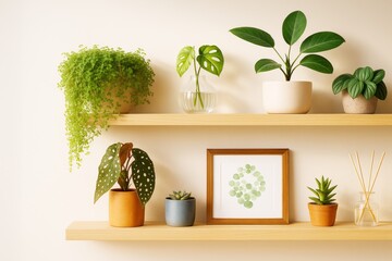 Poster - Minimalist wooden shelves with indoor potted green plants and decor in soft light against a beige background. Ai generative.