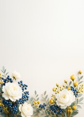 Poster - White and yellow flowers with blue berries on light background with copy space for poster, postcard, or banner design template concept.