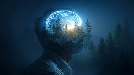 Poster - Snowy coniferous forest and glowing brain are visible inside the head of a middle aged man wearing a shirt, against a misty forest background