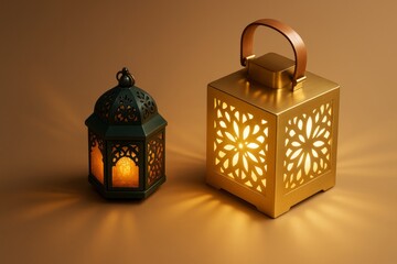 Poster - Traditional and modern lanterns with glowing light on warm background, symbolizing festive celebration and illumination concept.