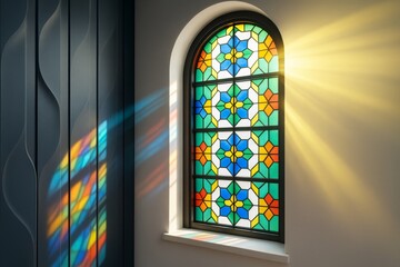 Poster - Colorful stained glass window casting vivid rainbow light beams on a modern dark textured wall in soft sunlight background. Ai generative.
