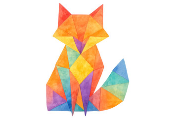 Poster - Geometric watercolor fox with angular shapes, blending vibrant colors on transparent backdrop, representing contemporary artistic design approach