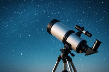 Poster - Telescope under starry night sky illustrating science and astronomy concept with deep blue background and shimmering starlight effect.