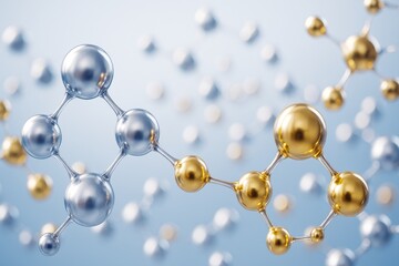 Aufkleber - Abstract metallic molecules with gold and silver spheres connected by bonds on a soft light blue background representing chemistry and nanotechnology.