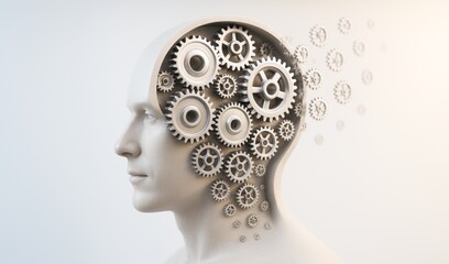 Poster - Human head with visible mechanical gears inside symbolizing thinking, intelligence, and mind-machine integration on a light background. Ai generative.