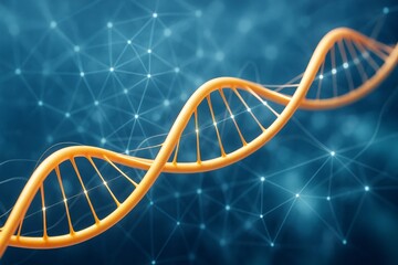 Aufkleber - DNA helix structure in golden color with glowing light connections on a digital blue background representing futuristic science and genetics concept.