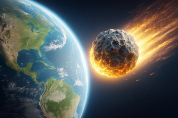 Poster - Fiery asteroid approaching Earth in outer space with glowing light trail and detailed planet surface on dark cosmic background.