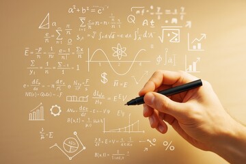 Poster - Hand writing scientific formulas with pen on abstract light background with math signs, graphs, and equations in white overlay.