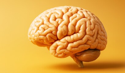 Poster - Anatomically accurate 3D human brain model on vibrant yellow background for science, education and medical concept illustration.
