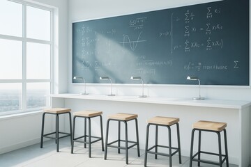 Poster - Modern classroom with stools, desk lamps, chalkboard covered in math formulas in bright daylight and minimalistic interior style.