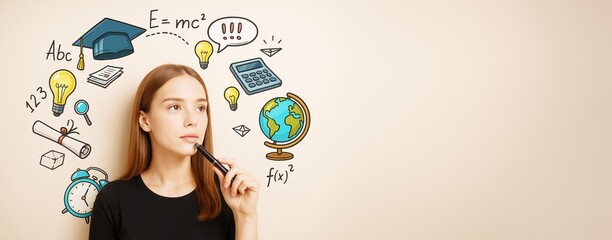 Poster - Young woman thinking about education with science and academic doodles on light background, ideal for school, learning, or knowledge banner concept.