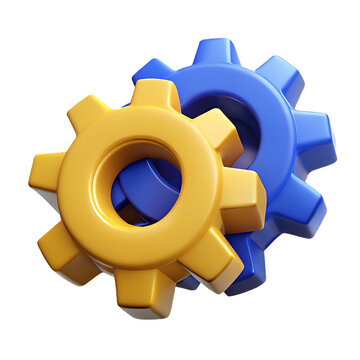 3d rendered yellow and blue gears isolated on transparent background