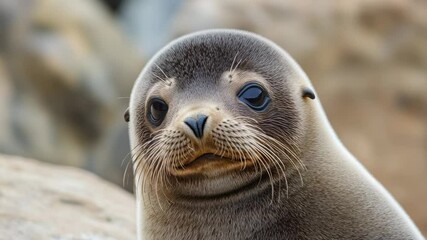 Poster - A close-up shot of a seal sitting on a rocky surface, with the ocean in the background