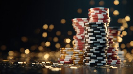 Poster - Colorful Stack of Casino Chips Creates a Vibrant Atmosphere With Falling Golden Light Highlights and a Blurred Background Enhancing the Scenes Allure