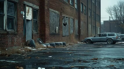 Aufkleber - A car is parked in front of a brick building, great for use as a background or setting