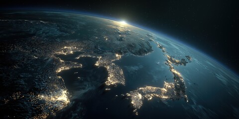 earth from space at night showcasing vibrant city lights of japan, south korea, and china with drama
