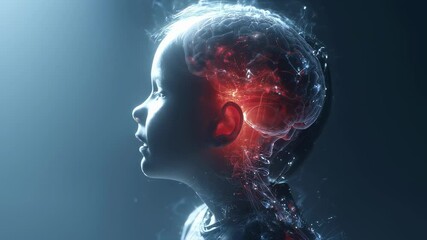 Poster - medical visualization revealing glowing auditory pathway within child's brain, highlighting neurolog