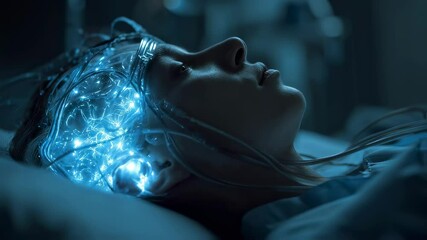 Poster - medical visualization shows a patient lying in a hospital bed with a network of glowing lines superi