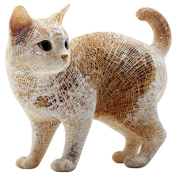 A wireframe calico cat, isolated on transparent background, stands poised with a curious gaze