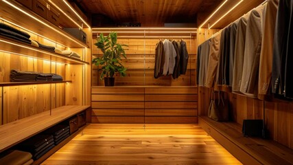 Aufkleber - A walk-in closet with wooden walls and shelves, perfect for organization and storage