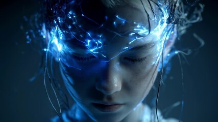 Aufkleber - Medical visualization of a teen girl with closed eyes, seemingly experiencing sensory overload, with glowing blue lights emanating from her head, representing neural activity