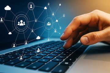 Aufkleber - Businessman's hand on laptop keyboard with social network connections and team communication icons on a digital blue technology background concept.