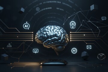 Aufkleber - Artificial intelligence brain with glowing circuits and digital symbols on dark abstract technology background with futuristic light elements.