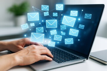 Aufkleber - Person typing on laptop with glowing email icons floating in the air representing digital communication and technology concept on blurred background.