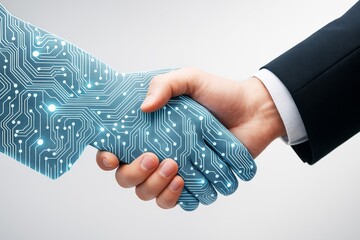 Aufkleber - Human and robotic handshake symbolizing digital partnership and technology integration on light background with abstract circuit design concept.