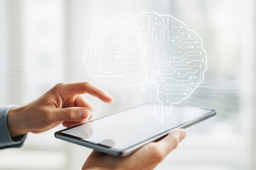 Poster - Human hand interacting with digital tablet displaying abstract circuit brain symbolizing artificial intelligence and technology concept in light background.