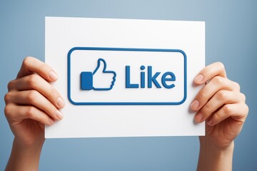 Poster - Human hands holding a white card with a blue like button symbol and text on a soft blue background, representing social media approval concept.
