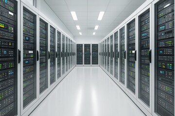Aufkleber - Modern data center interior with rows of server racks and glowing LED indicators under white ceiling lights in a high-tech environment background.