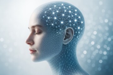 Aufkleber - Human head with neural network connections visualized as glowing points and lines on skin, futuristic technology concept on light background.