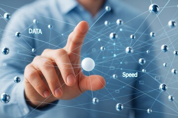 Aufkleber - Businessman touching digital network interface representing data and speed connections on a futuristic light blue background with technology focus.