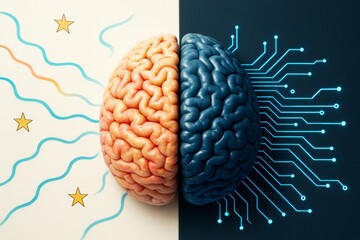 Poster - Human brain split into creative left and technological right with abstract light background and digital circuit concept illustration.