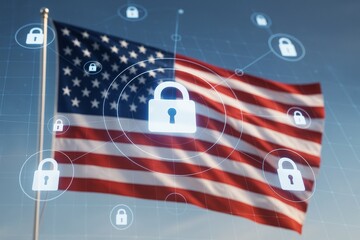 Aufkleber - Cyber security concept with digital padlocks over American flag background representing national data protection and online privacy defense system.