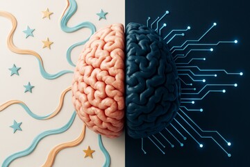 Aufkleber - Human brain divided into creative and technological sides with abstract background of stars and circuits illustrating duality of mind and tech.