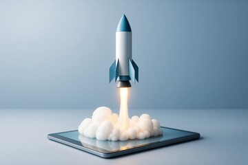 Aufkleber - Rocket launching from tablet with bright flame and clouds on blue background, symbolizing startup growth, tech success, innovation concept.