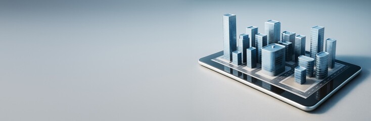 Poster - Futuristic cityscape with digital skyscrapers emerging from tablet device on smooth gradient background for business technology concept mockup.