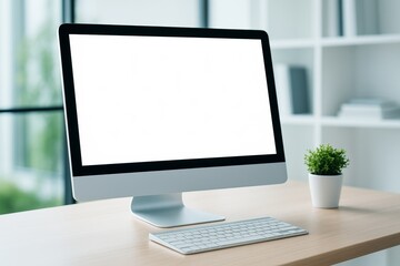 Poster - Modern desktop computer with blank screen on wooden desk in bright office environment, perfect for technology mockup or business design template.