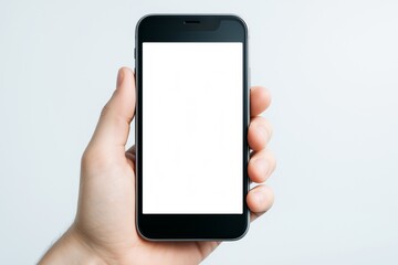 Poster - Hand holding smartphone with blank screen for design or app mockup over clean light background, perfect for advertising or promotion template.
