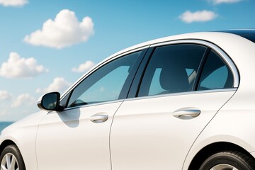 Poster - Side view of modern white car with tinted windows under bright sky with fluffy clouds, showcasing clean transport concept background scene.