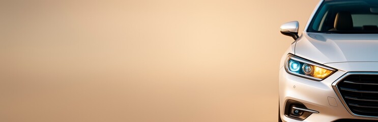 Poster - Close-up of modern white sedan car with headlights on against empty beige background, ideal for vehicle advertising or design mockup template use.