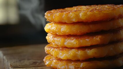 Poster - A stack of four pancakes on a wooden table, ready to be served or eaten