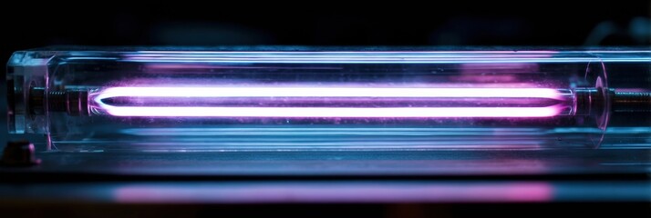 Poster - Neon Light Pulsing Within Glass Structure Creates Vibrant Color Display in Dimly Lit Environment
