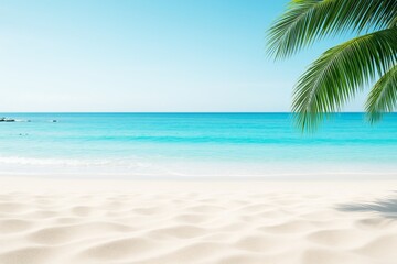 Poster - Tropical beach with clear turquoise water, white sand, and palm leaves under bright sky, perfect for travel and relaxing background concept.