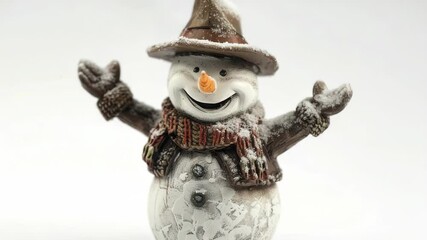 Poster - A winter scene featuring a snowman wearing a hat and scarf, standing in a snowy landscape